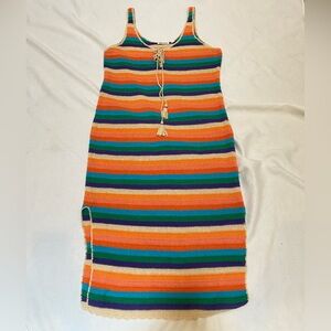 Roller Rabbit Keely Crochet Dress Rainbow Stripe Maxi L Tassel Tie Resort Cruise
